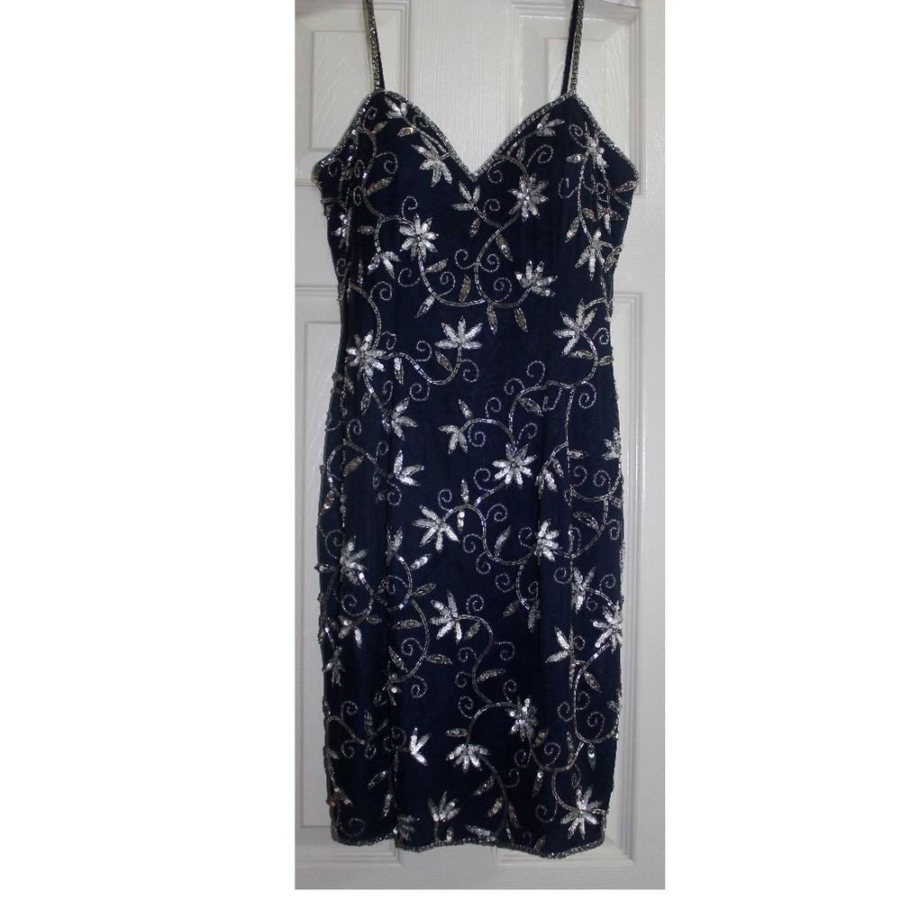 A. J. BARI  Sequin Beaded Dress P 6 Silk Blue